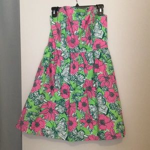 Strapless pink and green dress